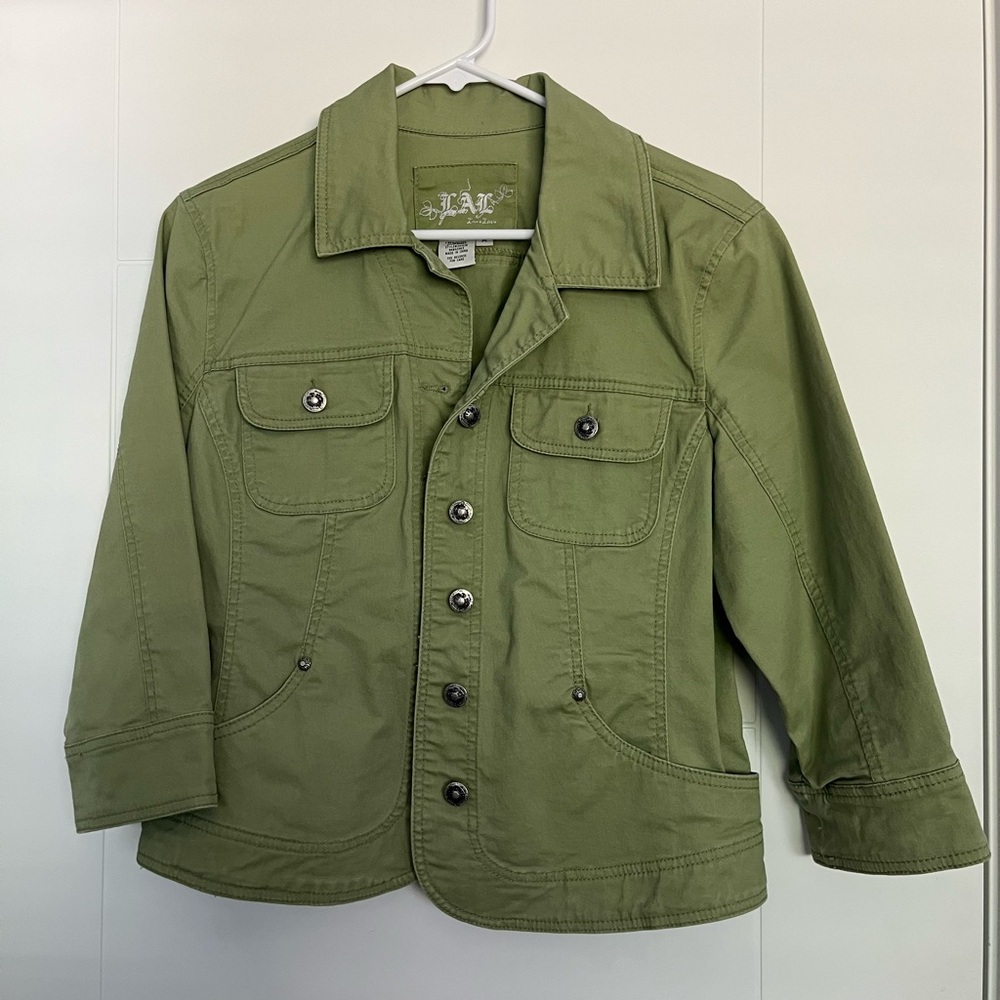 cute and colorful Women’s LAL (live a little) green button 3/4 sleeve jacket